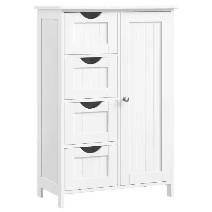 VASAGLE Armario de Baño, Mueble de Baño Estrecho, Cómoda de Baño, Cajonera con 4 Cajones, Armario con Puerta, Estante Ajustable, 30 x 55 x 82 cm, Blanco/Gris Oscuro/Gris Paloma - 1