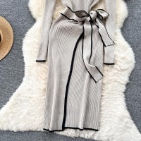 YuooMuoo Vestido Bodycon De Punto Elegante En Caqui Y Negro Para Mujer Estilo Lady Oficina Ajustado Con Cinta Y Abertura Al Final De Otoño E Invierno - details 11