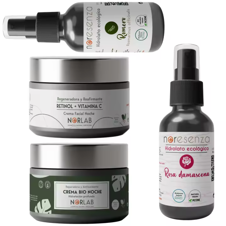 Pack Cuidado Natural para Piel Grasa y Mixta Noresenza - Kit facial para piel grasa con Hidrolato Rosa de Damasco, Hidrolato de Romero , Crema retinol+VitC y Crema Bio Noche - 1