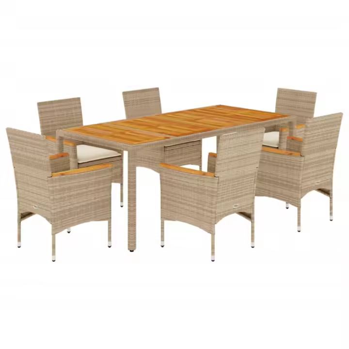 vidaXL Set de comedor jardín 7 pzas con cojines ratán PE acacia beige - 1