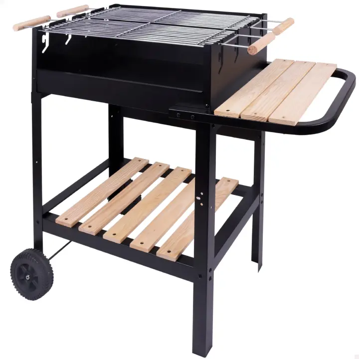 Aktive - Barbacoa carbón portátil, doble parrilla, 100x40x88 cm, estructura metal, mesa lateral madera, 2 ruedas, barbacoas de carbon, bbq, cocinas barbacoa exterior - 1