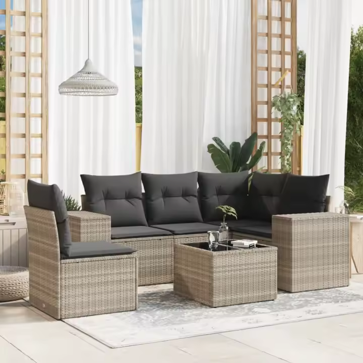 vidaXL Set de sofás de jardín 6 pzas y cojines ratán sintético gris - 1