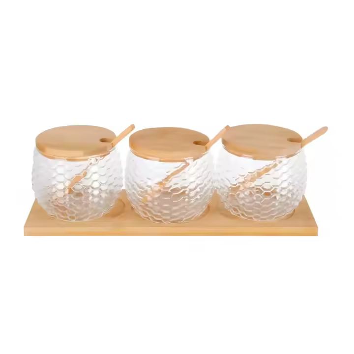 X-Set de 3 Tarros de Cristal para Especias con Cucharas y Base de Bambú,Frascos de Vidrio para Condimentos con Tapas,Frascos de Almacenamiento de Vidrio,Recipientes Organizadores de Cocina Elegantes y Prácticos - 1