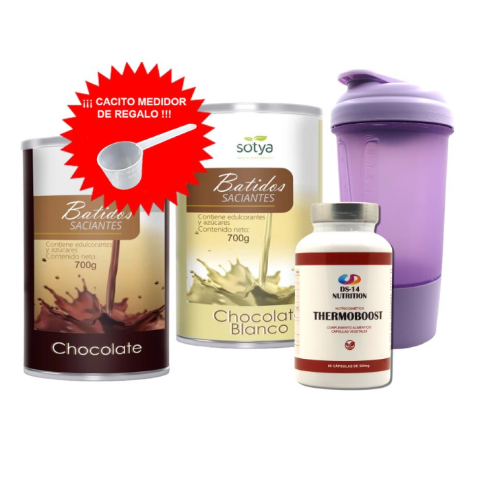 2 X BATIDO SACIANTE  Chocolate y  Vainilla 700Gr SOTYA + Cacito medidor + potente termogénico y  vaso coctelera de regalo
