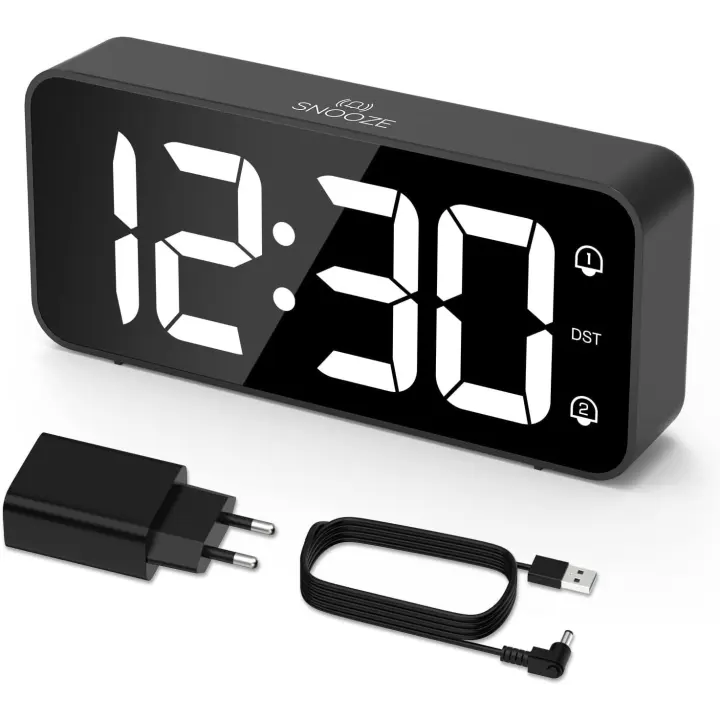 Despertador Digital LED Timits con Doble Alarma y 8 Tonos - Reloj Despertador con Volumen y Brillo Ajustables - Reloj Digital Sobremesa con Snooze - Alimentación por Cable USB (Nero) - 1