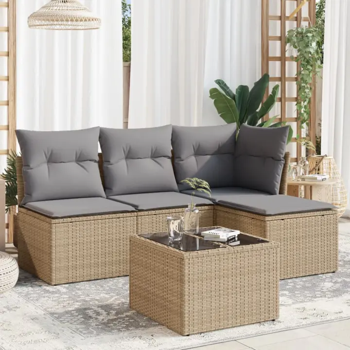 vidaXL Juego de sofás jardín con cojines 5 pzas ratán sintético beige - 1