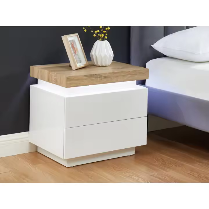 Vente-unique - Conjunto de 2 mesitas de noche - 2 cajones - MDF Lacado - Con LEDs - Color: Blanco y roble - HALO II - 1