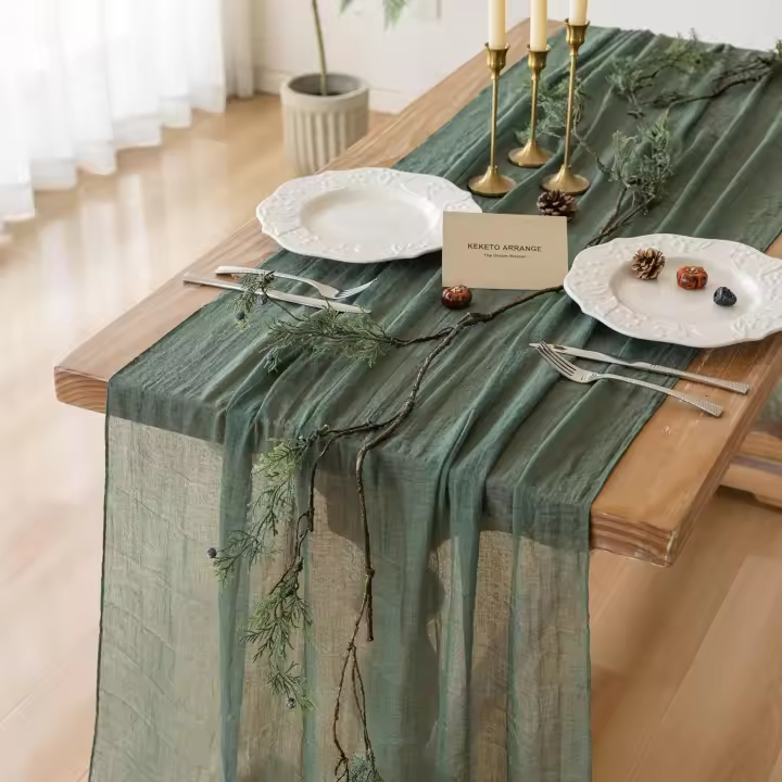 Keketoarrange 3pcs Emerald Green Cheesecloth Table Runner Gauze 120 Inch 10 FT Rustic Boho Cheese Cloth Runner for Wedding Baby Shower Bridal Shower Birthday Party Long Sheer Home Decorations - 1