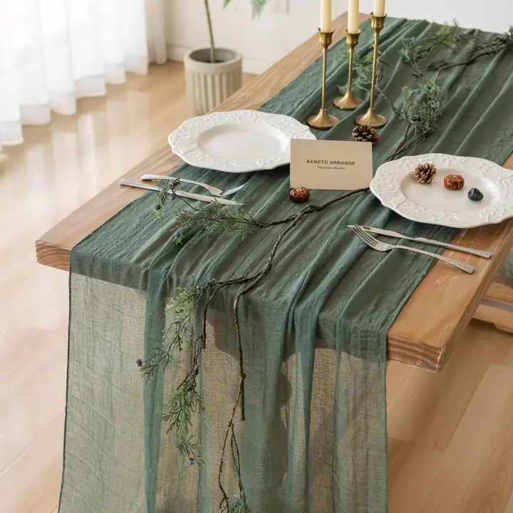 Keketoarrange 3pcs Emerald Green Cheesecloth Table Runner Gauze 120 Inch 10 FT Rustic Boho Cheese Cloth Runner for Wedding Baby Shower Bridal Shower Birthday Party Long Sheer Home Decorations - 1