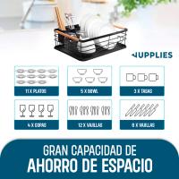 JUPPLIES Escurreplatos de Acero Inoxidable con Soporte para Utensilios Extraible, Portavasos y Estante de Gran Capacidad - Escurridor de Platos con Bandeja de Goteo - 43x31x14cm - details 0