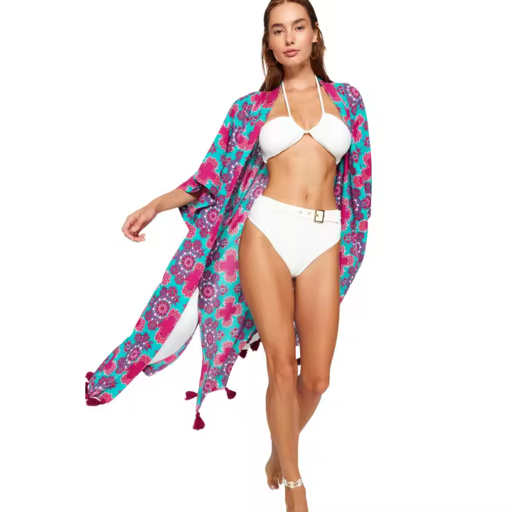 Trendyol Ethnic Patterned Belted Maxi Woven Tasseled 100% Cotton Beach Kimono&Caftan Tbess20Km0018 - 1