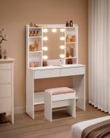 Tocador Moderno con Luces LED Ajustables, Color Blanco, 9 Luces con 3 Tonos, Brillo Ajustable, Espejo, Estantes Ajustables, 2 Cajones, Mesa de Maquillaje Ideal - details 1