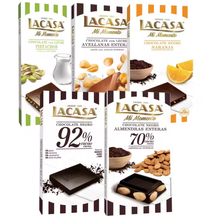 Lacasa pack 5 tabletas de chocolate:leche avellanas , naranja chocolate negro ,leche pistacho 90g ,cacao 92% , almendra 200g - 1