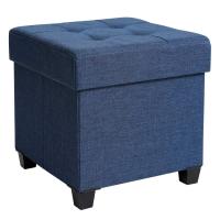 Taburete reposapiés cuadrado con almacenamiento y tapizado capitoné, patas de madera maciza, asiento acolchado de espuma, disponible en gris oscuro, gris claro y azul marino - details 0