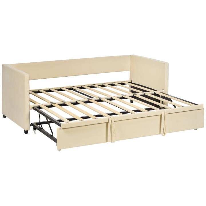 HOMCOM Cama Nido Tipo Diván 2 en 1 con Base Metálica Tapizado Suave y Cama Inferior Extraíble con Ruedas para Colchones de 90x190 cm Beige