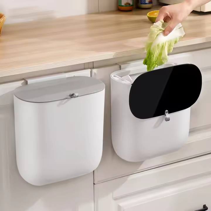 Bandeja De Basura Montada En La Pared Con Tapa 10L Caja De Basura Colgante Para Cocina Y Baño Ecológica De Plástico - 1