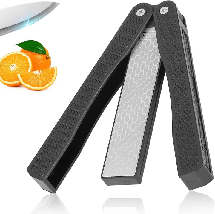 Afilador de cuchillos de grano 400/600, piedra de afilar portátil de doble cara, plegable, de bolsillo, para exteriores, camping, cocina y jardín (negro) - 1