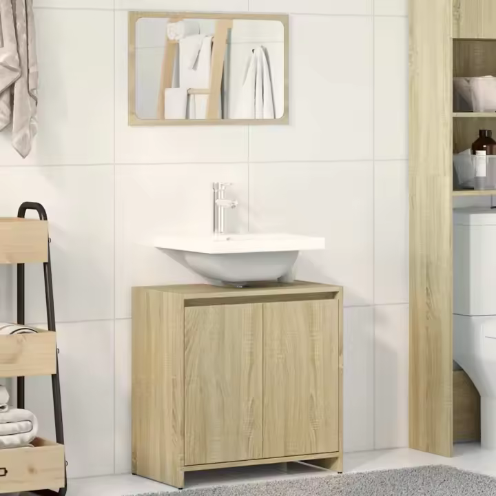 vidaXL Set de muebles baño 2 pzas madera contrachapada en color Marrón roble/Madera antigua/Gris hormigón y más | almacenamiento funcional diseño moderno para baño dormitorio sala - 1