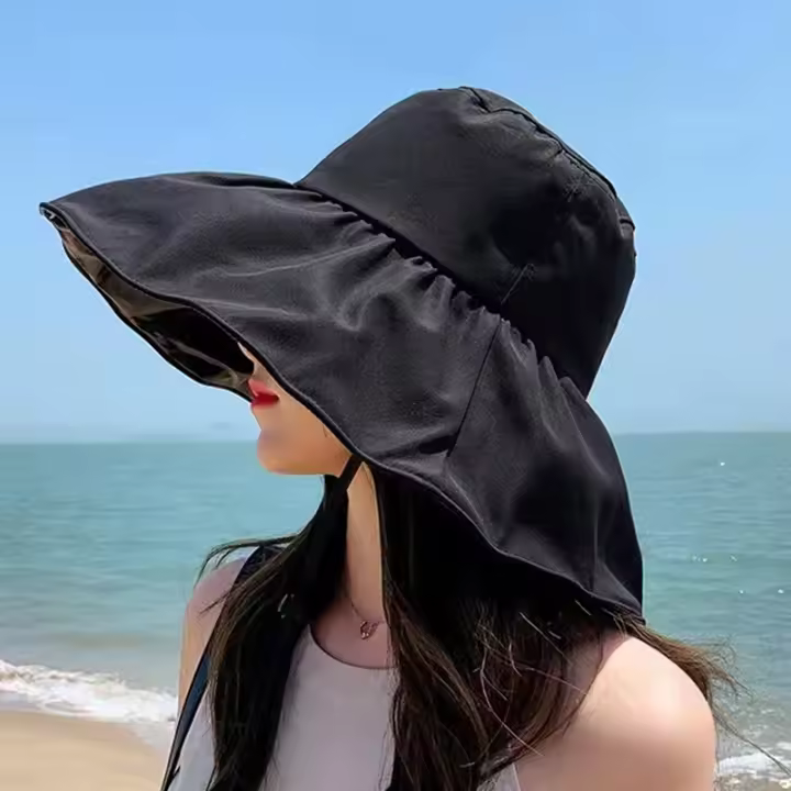 Sombrero De Pescador Con Gran Alas De Goma Negra Para Mujer Protección Solar Plegable Para Verano Resistente Al UV Estilo Casual - 1