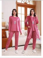 pijama de mujer de 3 piezas - camiseta y pantalon manga larga de algodon - bata de coralina con cinturón y bolsillos,  grueso y cálido, suave y cómodo para dormir, ropa de hogar - Adecuado para otoño e invierno - 12616 - details 0
