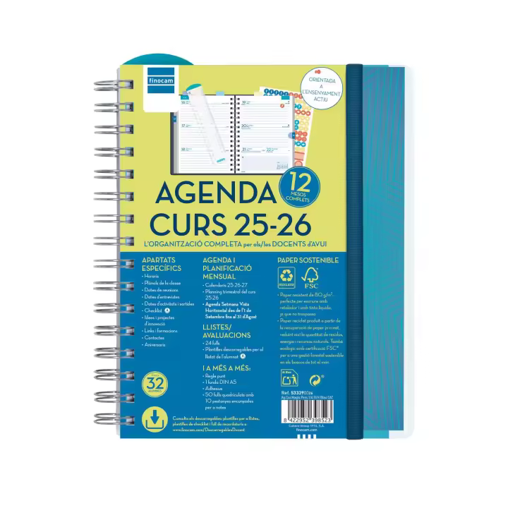 Finocam - Agenda Docente Magistral Personalizable Curso 2025 2026 Azul Septiembre 2025- Agosto 2026 (12 meses) Catalán - 1