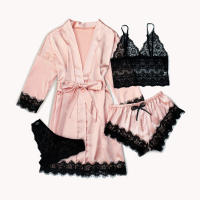 Conjunto De Pijama De Satén Para Mujer 4pcs Con Encaje Floral Camiseta Lencería De Dormir Y Bolero Pantalones Cortos Loungewear Rosa - details 3