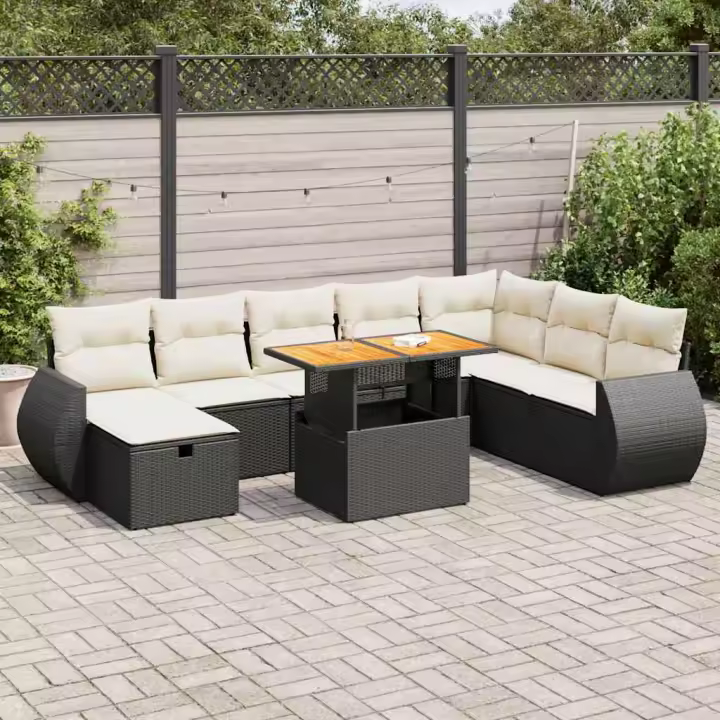 vidaXL Set sofás jardín y cojines 9 pzas ratán sintético acacia negro - 1