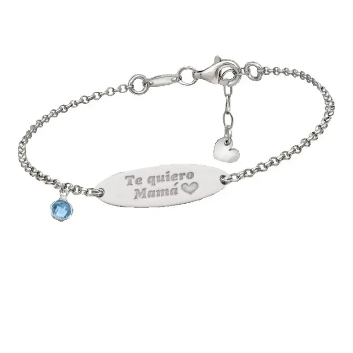 Pulsera de Plata con Mensaje 'Te quiero Mamá', Cristal Azul, 16 cm + 3 cm de Extensión, 16x13 mm, Ref: CHP144PULP023A - 1