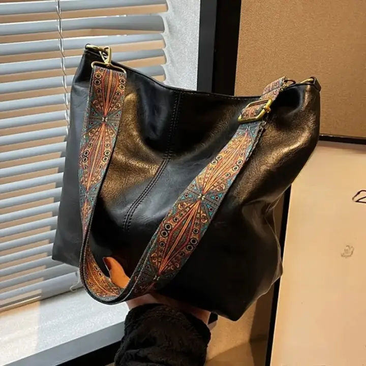 Bolso de hombre para mujer en cuero pu vintage de color sólido moda con correa ancha y estilo crossbody bolsa de buque - 1