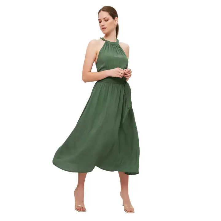 Trendyol Stone Belted A-Line Halter Neck Midi Viscose Woven Dress Twoss19El0155 - 1