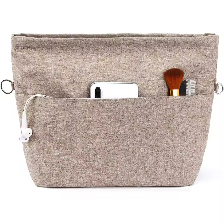Organizador de bolsos, organizador de bolsos de mano con múltiples compartimentos y cremalleras, organizador resistente de bolsos con llavero. Marrón claro, XS - 1