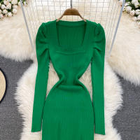 Vestido REALEFT De Mujer Otoño Invierno Con Cuello Cuadrado Manga Larga Y Acolchado De Puff Trasero Lateral Split Midi Casual - details 21