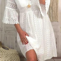 Vestido Blanco De Cintura Alta Para Mujer Primavera Verano Elegante Con Manga Flare Vestido Casual Con Vuelta Y Lace Longitud Mini - details 3