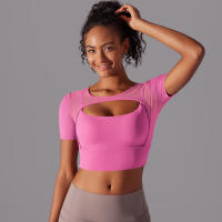 Camiseta de manga corta para Yoga, Top Sexy de Doble Capa, ropa de Malla empalmada, Sujetador Deportivo para correr y Fitness, Color sólido, Mujer - details 11