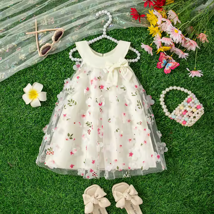 Vestido De Princesa Sin Mangas Para Bebés Niñas Con Flores En Malla Para El Verano 0-3 Años Vestido Lindo Y Cutes Para Niñas - 1
