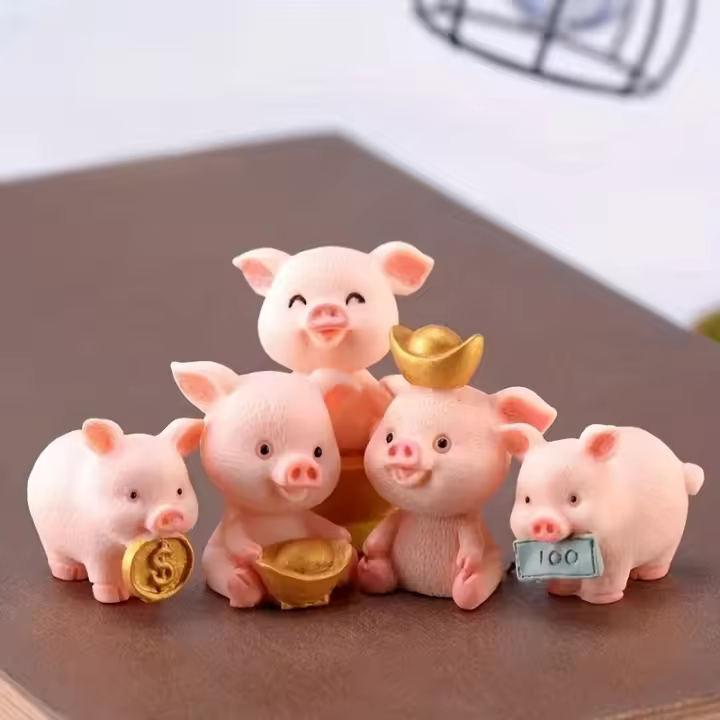 5Pcs Decoración De Escritorio Lindo Y Gold Piglet DIY Jardinería Micro Paisaje Resina Ovejas Figuras De Coche Regalos - 1