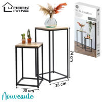 STARLEY-Urban Living - Juego de 2 mesas auxiliares de metal con tapa de madera - Diseño industrial,74x34x34cm / 54x30x30cm - details 3