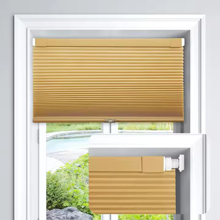 Cordless Cellular Shades No Tools No Drill Light Filtering Polyester Cellular Blinds for Window Size 27'' W x 64'' H, Yellowish-Brown - 1