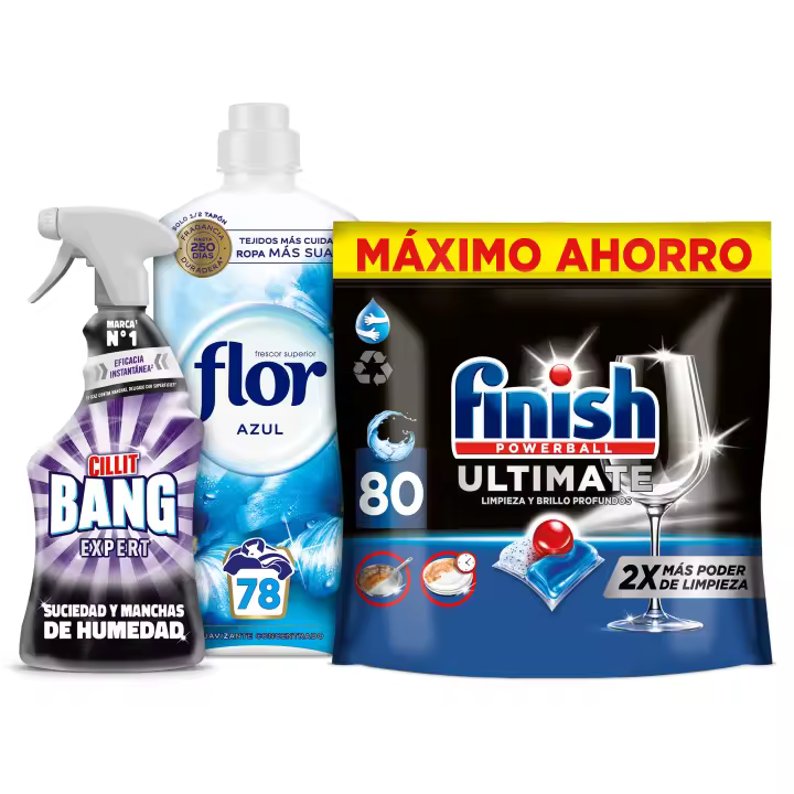Finish Ultimate 80 pastillas + Flor Suavizante Azul 78 lavados + Cillit Bang Suciedad y Humedad 750 ml | Pack limpieza completa para lavavajillas, ropa y hogar, antigrasa, abrillantador, antimanchas - 1
