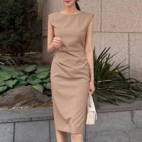 Vestido Elegante Sin Mangas De Mujer ZANZEA De Moda Coreana Casual Con Cuello Redondo Draped Vestidos De Oficina Largo Hasta La Rodilla Para Mujer - details 5