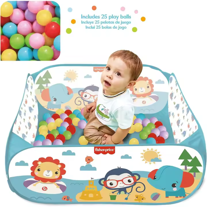 Fisher Price - Piscina de Bolas Infantil portátil - Incluye 25 Bolas - Transportable en su bolsita, fácil Montaje y desmontaje - Parque Bolas Infantil - Dimensiones 90X40X90 cm (Deqube 920D00088) - 1