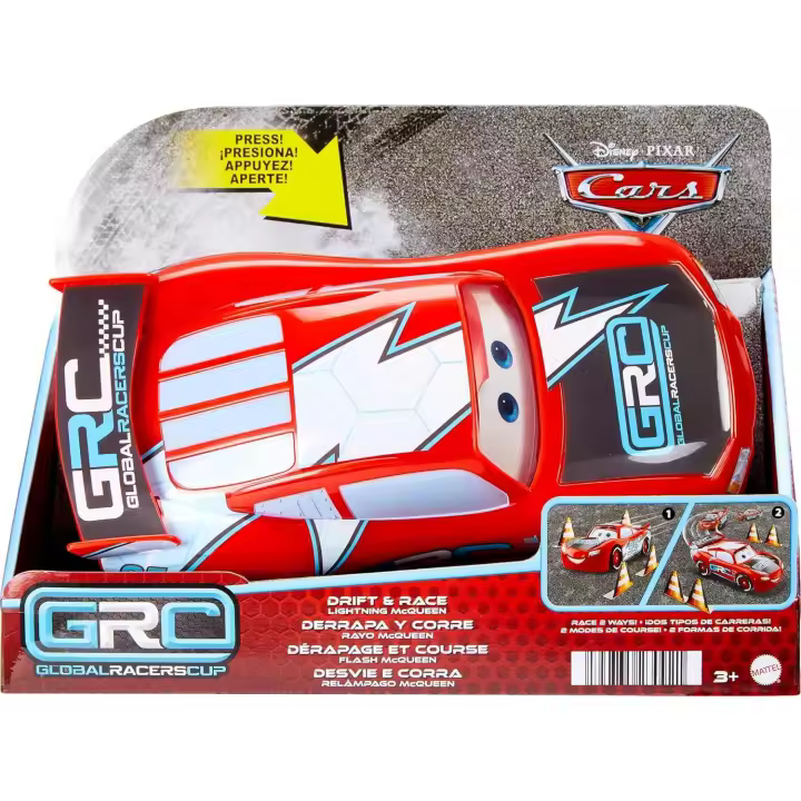 Mattel Disney Pixar Cars Global Racers Cup Rayo McQueen Derrapa y Corre, Coche de juguete con expresión competitiva en los ojos y 4 conos de papel, regalo +4 años (HXJ34) - 1