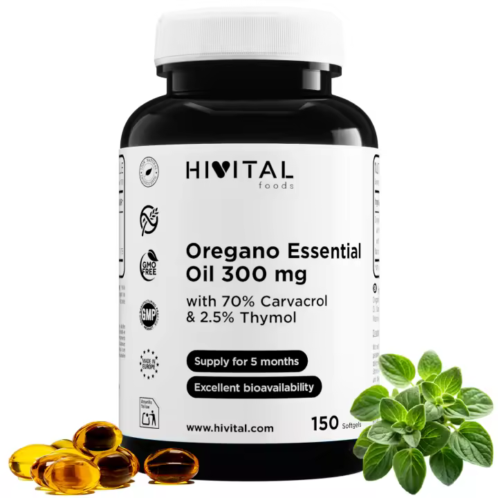 Aceite de Orégano 300 mg. 150 cápsulas blandas para 5 meses de tratamiento. Con Aceite de Oliva Virgen Extra, 70% de Carvacrol y 2,5% de Timol por cápsula. 100% Natural, Sin Gluten, NO-GMO. Fabricado por Hivital - 1