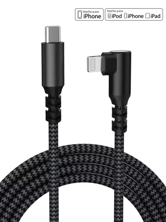 Cable Elbowed 20W USB C a Lightning Para iPhone 15 14 13 12 pro Max Cable De Carga Rápida Tipo C a Lightning Malla Tejida Negro Gris - 1