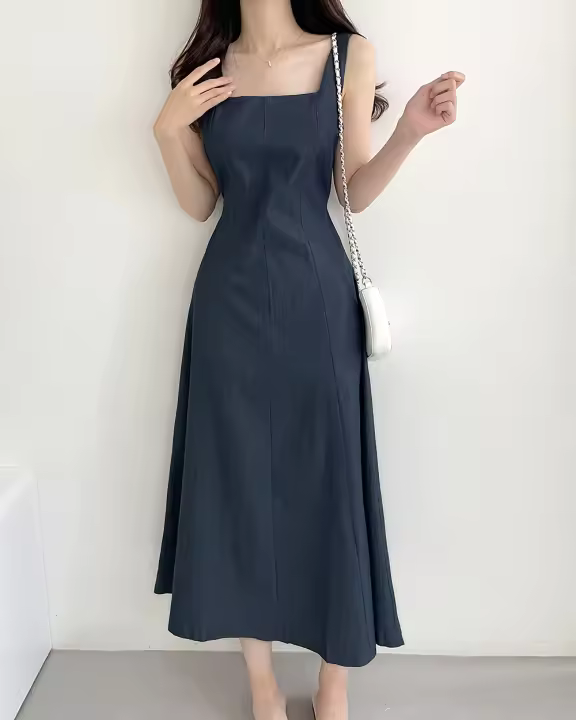 Vestido Largo De Hombros Sin Mangas Estilo Francés Vintage Para Mujer REALEFT Verano 2025 Vestido A-Line Recto Casual De Cuello Cuadrado Midi Zipper - 1