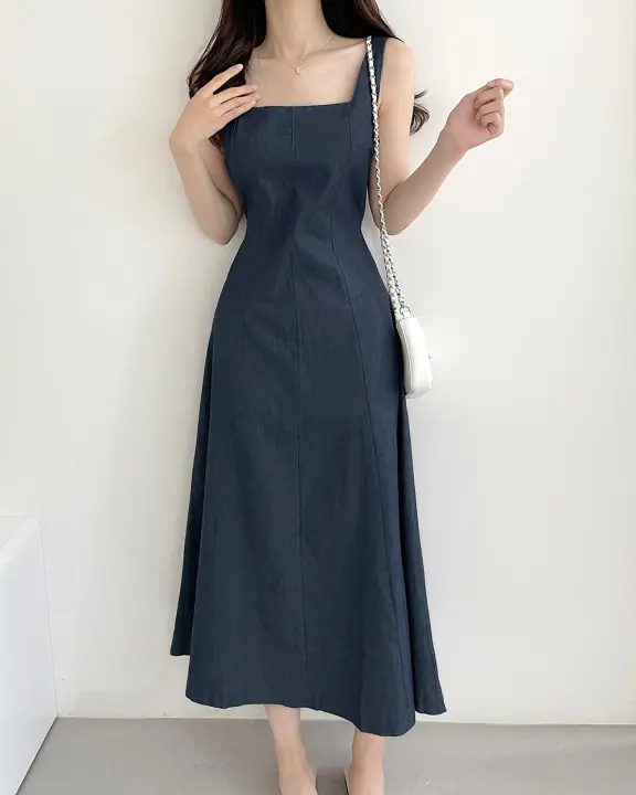 Vestido Largo De Hombros Sin Mangas Estilo Francés Vintage Para Mujer REALEFT Verano 2025 Vestido A-Line Recto Casual De Cuello Cuadrado Midi Zipper - 1