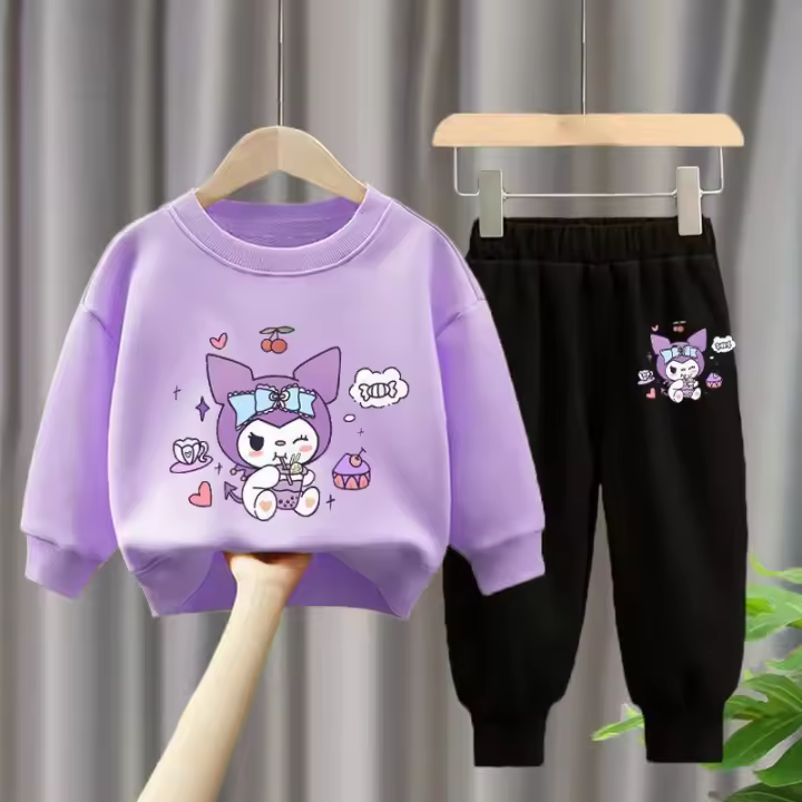 Conjunto De Sudadera Y Pantalones Para Niñas Sanrio Kuromi Estampado Casual Deporte Dos Piezas O-Neck Cuello Sin Capucha - 1