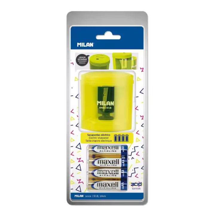MILAN Blíster Sacapuntas Eléctrico POWER-SHARP (pilas incluidas) Amarillo, serie Acid - 1