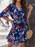 Vestido A-Line De Pierna Larga Para Mujer Con Estampado Floral Elegante Cuello V Manga Corta Estilo Casual Vestido De Verano Primavera - details 21