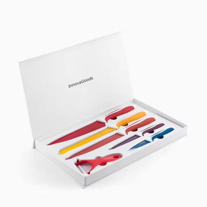 InnovaGoods® Juego de cuchillos cocina y pelador, cuchillos con Revestimiento cerámico antiadherente, cuchillos de cortes uniformes y precisos en un solo movimiento, vienen con estuche (6 piezas). - 1